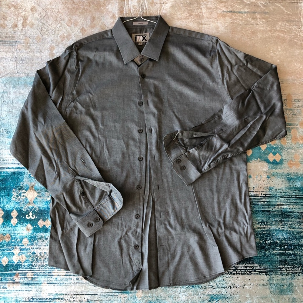 Men's Pre-owned Express 1MX Fitted Gray Dress Shirt - Dry Cleaned